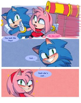 amy_rose blue_fur blush dress gloves green_eyes hairband hammer highres medium_hair paramount_pictures pink_fur reference sega smile sonic_(live_action) sonic_(series) sonic_the_hedgehog sonic_the_hedgehog_(movie) sonic_the_hedgehog_3_(movie) spiked_hair teamwork toy_hammer