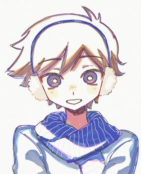 1boy alternate_costume alternate_eye_color antenna_hair blue_coat blue_scarf blush bright_pupils brown_eyes brown_hair coat commentary_request double-parted_bangs earmuffs hair_between_eyes hero_(faraway)_(omori) hero_(omori) highres looking_at_viewer male_focus omori open_mouth scarf short_hair simple_background sketch smile solo upper_body white_background white_pupils yksm_oe