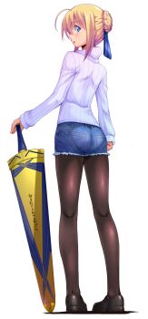 1girl ahoge alternate_costume artoria_pendragon_(fate) ass avalon_(fate) black_pantyhose blonde_hair blue_eyes commentary_request denim denim_shorts excalibur_(fate/stay_night) fate/stay_night fate_(series) from_behind highres looking_at_viewer looking_back pantyhose pantyhose_under_shorts pantylines partial_commentary revision ribbed_sweater saber_(fate) sheath sheathed short_shorts shorts simple_background solo sweater sword taru_neko weapon