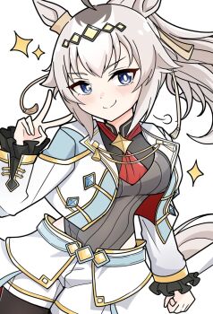 1girl ahoge animal_ears arnolddayo black_pantyhose blue_eyes blush breasts brooch closed_mouth clothing_cutout commentary_request cropped_jacket ear_ornament grey_hair grey_leotard grey_tail hair_between_eyes hair_ornament hair_ribbon hairband highres hip_vent horse_ears horse_girl horse_tail jacket jewelry leotard long_hair long_sleeves looking_at_viewer medium_breasts multicolored_hair neckerchief official_alternate_costume oguri_cap_(cinderella_gray)_(umamusume) oguri_cap_(umamusume) overskirt pantyhose ponytail red_neckerchief ribbon shorts simple_background smile solo sparkle star_brooch tail umamusume umamusume:_cinderella_gray white_background white_jacket white_shorts