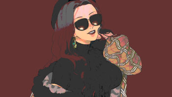 1girl 91007 breasts brown_hair commentary_request contemporary dorothea_arnault earrings fire_emblem fire_emblem:_three_houses jewelry large_breasts lipstick long_hair looking_at_viewer makeup nintendo sunglasses