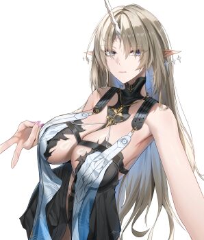 1girl absurdres ayres_(ayresm) black_collar black_dress blonde_hair blue_eyes breast_curtains breasts cleavage collar colored_inner_hair commentary_request dress earrings fleurdelys_(wuthering_waves) floating_earrings highres horns jewelry large_breasts long_horns multicolored_hair necklace pink_nails pointy_ears simple_background single_horn solo tabard white_background white_tabard wuthering_waves