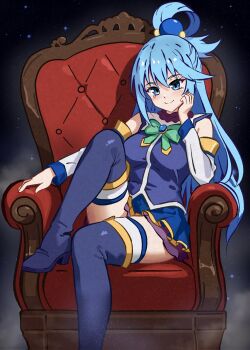 1girl aqua_(konosuba) aqua_eyes aqua_hair blue_boots blue_dress blush boots chair closed_mouth commentary detached_sleeves dress english_commentary hair_between_eyes high_heel_boots high_heels highres ierdid kono_subarashii_sekai_ni_shukufuku_wo! long_hair long_sleeves looking_at_viewer on_chair sitting solo thigh_boots