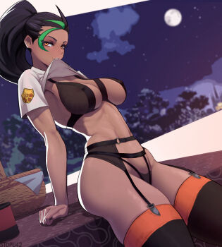 1girl arm_support basket black_hair black_thighhighs breasts clothes_lift covered_erect_nipples cup dark-skinned_female dark_skin disposable_coffee_cup disposable_cup freckles full_moon garter_belt garter_straps green_hair hair_pulled_back highres large_breasts lingerie looking_at_viewer moon mouth_hold multicolored_hair nemona_(pokemon) nintendo pokemon pokemon_sv ponytail school_uniform shirt shirt_lift sitting sky star_(sky) starry_sky stopu streaked_hair table thighhighs thighs toned two-tone_hair underwear uva_academy_school_uniform white_shirt