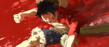1boy :d black_eyes black_hair black_pants brush_stroke cowboy_shot daodtt hashtag-only_commentary hat highres looking_at_viewer male_focus monkey_d._luffy one_piece open_mouth pants shirt short_hair short_sleeves shorts smile straw_hat teeth traditional_media v-shaped_eyebrows white_shirt