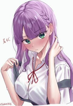 1girl blue_eyes blush braid button_gap commentary dress dress_shirt green_eyes highres long_hair love_live! love_live!_superstar!! pinafore_dress purple_hair rikka006 school_uniform shirt simple_background sleeveless sleeveless_dress solo sweat translation_request upper_body white_background wien_margarete yuigaoka_school_uniform