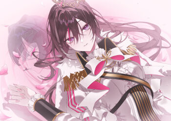 1girl absurdres ascot azki_(2nd_costume)_(hololive) azki_(hololive) blush breasts brown_hair cape center_frills commentary double-parted_bangs english_commentary eyelashes frills fur-trimmed_cape fur_trim gang_h gold_tiara hair_between_eyes highres hololive long_hair long_sleeves looking_at_viewer medium_breasts mole mole_under_eye multicolored_hair multiple_views nail_polish official_alternate_costume parted_lips pink_nails pink_streaks purple_eyes shirt streaked_hair underbust upper_body very_long_hair virtual_youtuber white_ascot white_shirt