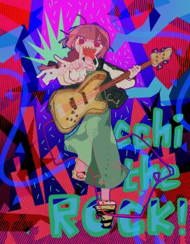 1girl @_@ abstract_background afterimage bass_guitar black_jacket black_nails blue_background bocchi_the_rock! braid braided_ponytail cable colorful_background copyright_name crazy dress full_body geta green_dress guitar hiroi_kikuri holding holding_guitar holding_instrument instrument jacket letterman_jacket long_dress long_hair long_sleeves looking_at_viewer multicolored_eyes no_socks open_clothes open_jacket open_mouth outstretched_arm pointing pointing_at_viewer purple_background purple_eyes red_background red_eyes red_hair sharp_teeth smile solo standing standing_on_one_leg teeth tnup tongue tongue_out two-tone_eyes