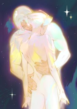 2boys arcane:_league_of_legends arcane_jayce closed_eyes colorful couple cowboy_shot dark_skin glowing glowing_hair hair_over_one_eye height_difference hug jayce_(league_of_legends) league_of_legends male_focus malizce mature_male multiple_boys muscular muscular_male pastel_colors pectorals short_hair size_difference sky sparkle star_(sky) starry_sky viktor_(arcane) viktor_(league_of_legends) yaoi