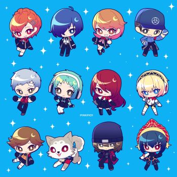 5boys 6+girls absurdres aigis_(persona) amada_ken android animal aqua_hair aragaki_shinjirou armband artist_name bandaid bandaid_on_face bandaid_on_forehead baseball_cap beanie black_gloves black_hair black_jacket black_pants black_skirt black_socks blonde_hair blue_background blue_eyes blue_hair blue_hat blue_shirt bow bowtie brown_eyes brown_hair cardigan chibi chibi_only clothes_around_waist coat commentary digital_walkman dog earphones_removed flipped_hair full_body gekkoukan_high_school_uniform gloves grey_eyes grey_hair hair_ornament hair_over_one_eye hairclip hat headphones highres hood hood_down hoodie iori_junpei jacket jacket_around_waist joints kirijou_mitsuru koromaru_(persona) long_hair looking_at_viewer metis_(persona) miniskirt mp3_player multiple_boys multiple_girls neck_ribbon open_clothes open_jacket orange_hoodie pants parted_lips persona persona_3 persona_3_portable persona_3_reload pink_cardigan pinkpio1 red_armband red_bow red_bowtie red_eyes red_hair red_sweater_vest ribbon robot_joints sanada_akihiko school_uniform shiomi_kotone shirt short_hair skirt smile socks sparkle standing sweater_vest takeba_yukari untranslatable_commentary white_shirt yamagishi_fuuka yuuki_makoto_(persona_3)