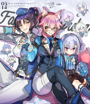 6+girls ahoge animal_ear_fluff animal_ears artist_name bilingual_text black_hair blush breasts character_request chibi closed_mouth commentary_request copyright_name crossdressing crossdressing_(ftm) crossed_legs dated english_text facial_mark fate/grand_order fate_(series) forehead_mark fox_ears fox_tail glasses grin hair_over_one_eye happy_white_day highres kama_(fate) kama_(young)_(fate) koyanskaya_(fate) kyouka_(exclamationmark) large_breasts long_hair looking_at_viewer mash_kyrielight medium_breasts meltryllis_(fate) melusine_(fate) mixed-language_text morgan_le_fay_(fate) multiple_girls one_eye_closed open_mouth pink_hair ponytail red_eyes seductive_smile sessyoin_kiara short_hair sidelocks smile standing standing_on_one_leg tail translation_request white_day white_hair yellow_eyes