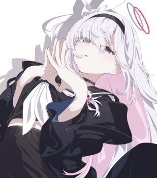 1girl black_choker black_coat black_eyes black_hairband black_sailor_collar black_serafuku blue_archive braid choker coat colored_inner_hair commentary hair_over_one_eye hairband halo light_blush long_hair looking_at_viewer maosame multicolored_hair neckerchief own_hands_together parted_lips pink_hair plana_(blue_archive) red_halo red_pupils sailor_collar school_uniform serafuku shadow simple_background single_braid solo steepled_fingers upper_body white_background white_hair white_neckerchief