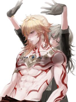 1boy 1girl abs absurdres arm_tattoo behind_another black_gloves blonde_hair body_markings braid commission commissioner_upload dele7n earrings gloves gradient_hair grey_hair hand_shadow_covering_breasts_(meme) highres honkai:_star_rail honkai_(series) jewelry meme multicolored_hair muscular muscular_male mydei_(honkai:_star_rail) navel necklace single_earring smile stelle_(honkai:_star_rail) tattoo trailblazer_(honkai:_star_rail) yellow_eyes