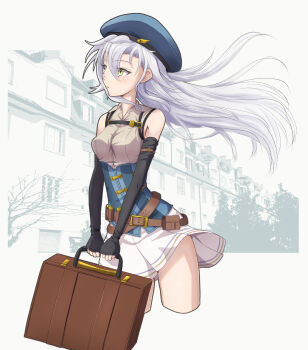 1girl absurdres bare_shoulders beret blue_hair breasts clothes_lift curtained_hair detached_sleeves eiyuu_densetsu fie_claussell floating_hair green_eyes hair_between_eyes hat highres holding holding_suitcase kuro_no_kiseki_(series) kuro_no_kiseki_i long_hair parted_bangs skirt skirt_lift small_breasts solo suitcase upper_body white_hair white_skirt witch_f
