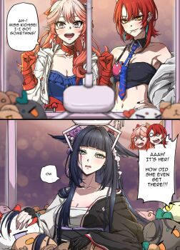 3girls :d absurdres arknights bandages bare_shoulders black_hair blue_eyes blue_necktie breasts chest_sarashi choker cleavage commentary crane_game earrings english_commentary haruka_(arknights) highres jewelry kichisei_(arknights) long_hair mio_(arknights) multiple_girls necktie off_shoulder open_mouth pink_hair red_choker sarashi single_strap smile spaghetti_strap speech_bubble stuffed_toy symmetricturd upper_body