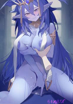 Rule 34 | 1girl, absurdres, areola slip, armlet, blue eyes, blue hair, blue skin, blush, bottomless, breast curtains, collar, colored skin, commissioner name, disembodied hand, dominus impulse, duel monster, female masturbation, groping, highres, jewelry, long hair, masturbation, messy hair, metal collar, pointy ears, pussy juice, pussy juice puddle, qijiu shi yu, solo focus, tearing up, yu-gi-oh!