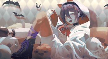 1girl absurdres animal_ear_hood animal_ears ankle_ribbon asymmetrical_legwear bat_(animal) black_boots black_choker black_socks boots cat_ears chainsaw_man choker cord_pull fake_animal_ears foot_out_of_frame green_eyes hair_between_eyes hair_bun hair_ornament halloween halloween_costume highres hood jack-o&#039;-lantern jack-o&#039;-lantern_hair_ornament knee_up knees_up leg_ribbon legwear_garter long_hair_between_eyes mismatched_legwear open_mouth orange_thighhighs platform_boots platform_heels pochita_(chainsaw_man) pull_cord pumpkin purple_hair purple_ribbon reze_(chainsaw_man) ribbon robe sitting socks solo teeth thighhighs tokkieee_qian white_robe