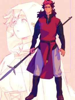 Rule 34 | 1boy, 1girl, black boots, black hair, black shirt, boots, breasts, commentary request, dated, full body, guel jeturk, gundam, gundam suisei no majo, hair between eyes, holding, holding polearm, holding weapon, hood, hood up, hooded robe, ivy hermit, long hair, medium breasts, mullet, multicolored hair, pants, parted lips, pink hair, polearm, red tunic, robe, shirt, standing, suletta mercury, thick eyebrows, tunic, two-tone hair, upper body, weapon, white pants, white robe