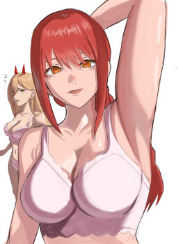 2girls absurdres arm_up armpits blonde_hair bra breasts chainsaw_man closed_mouth demon_girl demon_horns highres horns large_breasts long_hair looking_at_viewer makima_(chainsaw_man) multiple_girls navel oekakitune orange_eyes pink_bra power_(chainsaw_man) red_hair red_horns ringed_eyes sidelocks underwear white_background yellow_eyes