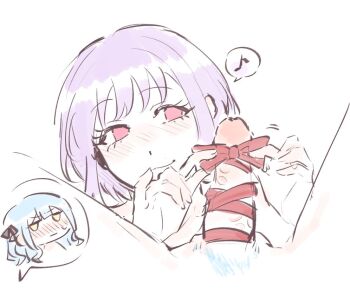 2girls bang_dream! bang_dream!_it's_mygo!!!!! blue_hair chinese_commentary commentary_request futa_with_female futanari hui_0w0 multiple_girls penis penis_ribbon pink_eyes pubic_hair purple_hair red_ribbon ribbon short_hair simple_background togawa_sakiko white_background yellow_eyes yuutenji_nyamu