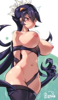 Rule 34 | 1girl, bare shoulders, bdsm, breasts, filia (skullgirls), highres, large breasts, navel, nipples, nude, red eyes, restrained, ryuji (red-truth), samson (skullgirls), skullgirls, standing, stomach, thighs