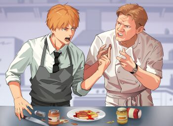 Rule 34 | 2boys, apron, black necktie, blonde hair, blue eyes, bread, bread slice, chainsaw man, chef, denji (chainsaw man), food, gordon ramsay, grey apron, hands up, hell's kitchen, highres, index finger raised, indoors, knife, lem, multiple boys, necktie, plate, real life, shadow, sharp teeth, shirt, short hair, teeth, upper body, watch, white shirt, wristwatch