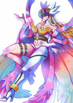 1girl angel_wings angewomon anklet bare_shoulders belt belt_around_waist black_belt blonde_hair boots breasts cleavage clothing_cutout covered_eyes digimitsuart digimon digimon_(creature) digimon_focus elbow_gloves feathered_wings full_body gloves gold_anklet hagoromo hand_up helmet helmet_over_eyes high_heel_boots high_heels holy_ring jewelry knee_up leg_up lipstick long_hair makeup multiple_belts multiple_thigh_straps multiple_wings navel o-ring o-ring_belt pink_shawl red_lips shawl smile solo stomach_cutout thigh_strap white_background white_gloves winged_gloves winged_helmet wings wrist_wings