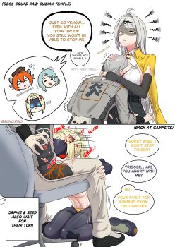 1boy 2girls absurdres annoyed between_breasts breasts cleavage english_text fellatio grey_hair hair_ornament head_between_breasts highres implied_fellatio large_breasts mask multiple_girls oral orphie_magnusson pants seed_(zenless_zone_zero) simple_background speech_bubble sunoyukey trigger_(zenless_zone_zero) underboob white_background wise_(zenless_zone_zero) yellow_eyes yixuan_(zenless_zone_zero) zenless_zone_zero