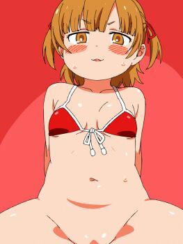 1girl animated animated_gif arms_behind_back belly bikini bikini_top_only blush blush_stickers bottomless breasts brown_eyes brown_hair female_focus femdom groin hair_ribbon implied_sex loli lolidom marui_mitsuba mitsudomoe_(manga) out-of-frame_censoring plump pole_(ppp1409) ribbon sexually_suggestive short_hair short_twintails small_breasts solo sweat swimsuit twintails