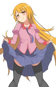 1girl black_thighhighs blonde_hair blue_necktie blue_skirt blush borrowed_clothes closed_mouth clothes_lift collared_shirt commentary_request cosplay fang highres juliet_sleeves legs_apart lifting_own_clothes long_hair long_sleeves looking_at_viewer monogatari_(series) naoetsu_high_school_uniform necktie onabe915 oshino_shinobu pink_shirt puffy_sleeves school_uniform senjougahara_hitagi senjougahara_hitagi_(cosplay) senjougahara_hitagi_skirt_lift_pose shirt simple_background skirt skirt_lift smug solo standing thighhighs very_long_hair white_background yellow_eyes