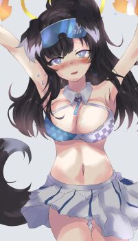 1girl animal_ears armpits arms_up black_hair blue_archive blue_eyes blush breasts cheerleader cir.e_(shie) cleavage commentary_request dog_ears dog_girl dog_tail goggles goggles_on_head grey_background halo hibiki_(blue_archive) hibiki_(cheer_squad)_(blue_archive) highres holding holding_pom_poms long_hair looking_at_viewer medium_breasts millennium_cheerleader_outfit_(blue_archive) navel official_alternate_costume open_mouth pom_pom_(cheerleading) pom_poms simple_background skirt solo star_(symbol) star_sticker sticker sticker_on_face tail yellow_halo