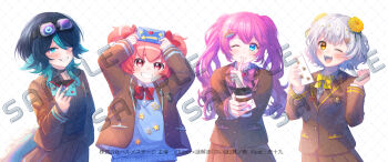 4girls ;d animal_ears arms_up black_hair blazer blue_eyes blue_hair blue_sweater blush bow brown_eyes brown_jacket brown_skirt collared_shirt copyright_request cup disposable_coffee_cup disposable_cup dress_shirt envelope flower goggles grey_hair grin hair_bow hair_flower hair_ornament hair_over_one_eye heart highres holding holding_cup holding_envelope ittokyu jacket letter long_hair long_sleeves love_letter multicolored_hair multiple_girls official_art one_eye_closed open_clothes open_jacket open_mouth pink_bow pink_hair pleated_skirt power_symbol red_bow sample_watermark school_uniform sharp_teeth shirt short_hair skirt smile star_(symbol) sweater tail teeth twintails two-tone_hair very_long_hair virtual_youtuber watermark white_shirt yellow_bow yellow_flower