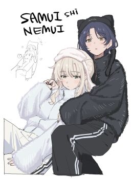 Rule 34 | 2girls, ?, ai (girls band cry), black hat, black jacket, black nails, black pants, blue hair, girls band cry, green eyes, hat, highres, holding hands, indoors, jacket, long hair, mole, mole under eye, multiple girls, nail polish, nana (girls band cry), open mouth, pants, romaji text, short hair, sidelocks, simple background, teshima nari, translation request, white background, white hair, white hat, white jacket, white pants, yuri