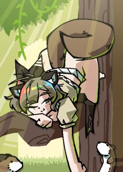 1girl animal_ears azur_lane black_bow bow brown_eyes brown_hair hair_bow highres looking_at_viewer mole mole_under_eye official_alternate_costume on_tree one_eye_closed plant raccoon_ears raccoon_girl raccoon_tail sirhoopsalot solo taekaze_(azur_lane) taekaze_(kunoichi&#039;s_emergency_landing)_(azur_lane) tail top-down_bottom-up tree vines