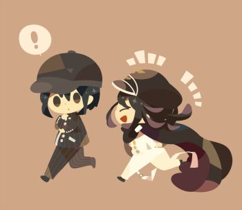 Rule 34 | !, 2boys, :o, ^ ^, baseball cap, belt, belt buckle, black cloak, black hair, black hat, black jacket, black pants, black shoes, breast pocket, brown background, brown eyes, buckle, buttons, cloak, closed eyes, collared cloak, collared jacket, colored inner hair, commentary request, danganronpa (series), danganronpa v3: killing harmony, dot nose, double-breasted, dress shoes, hair between eyes, hand on own chin, hand on own elbow, happy, hat, high collar, hitofutarai, jacket, looking at another, looking back, male focus, multicolored buttons, multicolored hair, multiple boys, notice lines, oma kokichi, open belt, open mouth, pants, parted lips, peaked cap, pinstripe jacket, pinstripe pants, pinstripe pattern, pocket, purple cloak, purple hair, running, saihara shuichi, shoes, short hair, sidelocks, simple background, smile, solid oval eyes, speech bubble, spoken exclamation mark, surprised, thigh belt, thigh strap, two-sided cloak, two-sided fabric, two-tone hair, white belt, white jacket, white pants