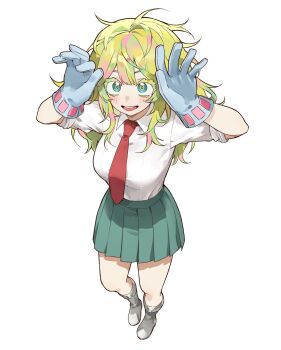 1girl ahha3_good aqua_eyes blonde_streaks blue_gloves blush boku_no_hero_academia boots breasts collared_shirt commentary full_body gloves green_hair green_skirt grey_boots hagakure_toru highres large_breasts long_hair messy_hair multicolored_hair necktie pink_streaks pleated_skirt red_necktie school_uniform shirt shirt_tucked_in skirt smile streaked_hair thick_eyelashes u.a._school_uniform white_background white_shirt