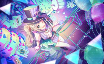 1girl ;d blush bow commentary_request frills game_cg gloves hair_ornament hairclip hat heart highres long_hair looking_at_viewer official_art one_eye_closed open_mouth ribbon senju_iroha skirt smile solo thighhighs third-party_source top_hat twintails white_gloves world_dai_star yellow_eyes