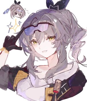 Rule 34 | 1girl, black gloves, black jacket, borrowed accessory, borrowed hairstyle, breasts, cropped torso, drill hair, drill ponytail, eyewear on head, gloves, grey hair, grin, hair between eyes, hair ribbon, hand up, highres, honkai: star rail, honkai (series), index finger raised, jacket, long hair, looking at viewer, medium breasts, nonoko (1k6sx1encx45226), purple-tinted eyewear, ribbon, shirt, silver wolf (honkai: star rail), simple background, single drill, smile, stelle (honkai: star rail), tinted eyewear, trailblazer (honkai: star rail), white background, white shirt, yellow eyes