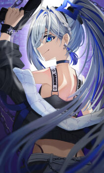 Rule 34 | 1girl, amane kanata, amane kanata (lock on), black jacket, black sports bra, blue eyes, blue hair, blue halo, braid, commentary request, earrings, grey hair, gun, halo, highres, holding, holding gun, holding weapon, hololive, jacket, jewelry, kiwamiedge, long hair, looking at viewer, looking back, multicolored hair, shorts, solo, sports bra, star (symbol), star earrings, star halo, tilted halo, virtual youtuber, weapon, white shorts