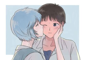 1boy 1girl ayanami_rei blue_background blue_dress blue_eyes blue_hair border brown_hair close-up collarbone collared_shirt commentary dress dress_shirt eye_contact from_side hand_on_another's_cheek hand_on_another's_face highres ikari_shinji key35461 kiss kissing_cheek korean_commentary looking_at_another neon_genesis_evangelion one_eye_closed outside_border pale_skin pinafore_dress red_eyes school_uniform shirt short_hair simple_background sleeveless sleeveless_dress tokyo-3_middle_school_uniform undershirt white_border white_shirt