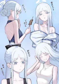 1girl ;) absurdres aoi_riko backless_dress backless_outfit black_dress blue_archive breasts check_translation cleavage collarbone dress expressionless gradient_background grey_eyes grin hair_bun halo highres holding holding_skewer japanese_clothes jewelry kimono kimono_partially_removed long_hair multiple_views nagusa_(blue_archive) necklace off_shoulder one_eye_closed parted_bangs partially_translated ponytail purple_background shirt skewer sleeveless sleeveless_shirt small_breasts smile translation_request tucking_hair upper_body white_hair white_kimono white_shirt