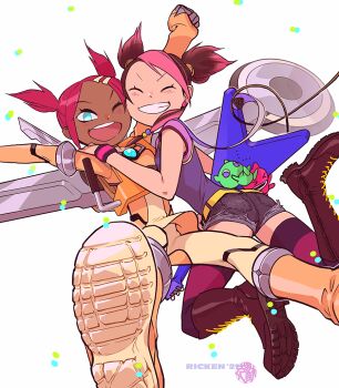 2girls ass blue_eyes boots crossover dark-skinned_female dark_skin guitar instrument miko_nakadai multiple_girls one_eye_closed red_hair ricken sari_sumdac transformers transformers_animated transformers_prime twintails wink