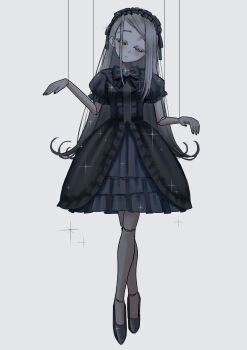 1girl a-line_dress absurdres accurate_lolita_coord black_bow black_bowtie black_dress black_hairband black_nails black_shoes blonde_hair bow bowtie brooch center_frills closed_mouth colored_eyelashes commentary_request crossed_legs doll doll_joints dress expressionless fingernails flipped_hair frilled_dress frilled_hairband frills full_body gakuen_idolmaster gothic_lolita gradient_hair grey_hair hairband half-closed_eyes hands_up highres idolmaster jewelry joints lolita_fashion lolita_hairband long_hair looking_down mozaemon multicolored_hair puffy_short_sleeves puffy_sleeves puppet_strings shinosawa_hiro shoes short_sleeves simple_background solo standing swept_bangs very_long_hair watson_cross white_background