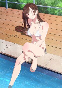 1girl :o artist_request barefoot bikini breasts brown_eyes brown_hair commentary_request highres kanojo_okarishimasu large_breasts long_hair looking_at_viewer mizuhara_chizuru official_art outdoors pool sample_watermark solo swimsuit tree watermark white_bikini