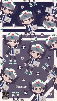 1boy baseball_cap black_eyes black_hair black_jacket black_pants blue_sweater_vest blue_vest blush bright_pupils collared_shirt computer english_text giacomo_(pokemon) hat headphones headphones_around_neck highres holding holding_laptop holding_poke_ball jacket laptop long_sleeves looking_at_viewer male_focus meme_(sleepsheep) nintendo open_clothes open_jacket open_mouth pants pointy_hair poke_ball pokemon pokemon_sv shirt short_hair smile star_(symbol) sweater_vest team_star teeth timer_ball vest white_hat white_pupils white_shirt