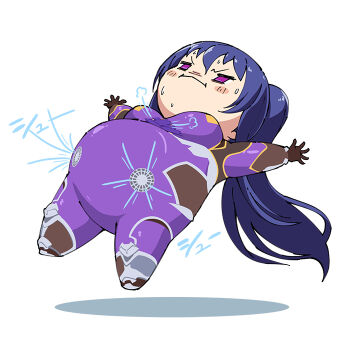 1girl :&lt; akiyama_rinko arms_up blue_hair blush_stickers bodysuit breasts cheek_bulge chibi cleavage_cutout clothing_cutout full_body high_ponytail inflation long_hair looking_ahead looking_up parody ponytail purple_bodysuit purple_eyes rolling_eyes serious shiny_clothes sweat taimanin_(series) taimanin_suit taimanin_yukikaze taimanun transparent_background very_long_hair wavy_mouth what wind