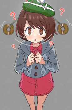 1girl :o ? @_@ afterimage brown_eyes brown_hair buttons cable_knit cardigan collared_dress commentary_request dress gloria_(pokemon) green_hat grey_background grey_cardigan hands_up hat highres hood hood_down hooded_cardigan hypnosis long_sleeves looking_up mind_control motion_lines nintendo open_mouth pendulum pink_dress pokemon pokemon_swsh sagami_sagari short_hair simple_background solo string sweatdrop tam_o&#039;_shanter