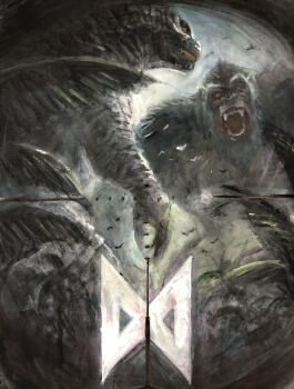 absurdres activision ape bird call_of_duty call_of_duty:_vanguard call_of_duty:_warzone cloud cloudy_sky commentary crossover dinosaur fangs flying g.n.a giant giant_monster gills godzilla godzilla_(series) godzilla_vs._kong gorilla highres infinity_ward kaiju king_kong king_kong_(series) legendary_pictures monster monsterverse multiple_crossover muscular muscular_male night open_mouth overcast palm_tree pectorals pov raven_software roaring scar scar_on_chest scope sea_monster sharp_teeth sky sledgehammer_games spikes teeth toho tongue tree warner_bros. yellow_eyes