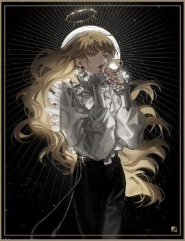 1girl blackbox_(blackbox9158) blonde_hair blouse chest_bow cowboy_shot cross crown_of_thorns earrings glowing glowing_hair green_eyes halo hands_up highres interlocked_fingers jewelry long_hair omniscient_reader&#039;s_viewpoint shirt shirt_tucked_in sky solo star_(sky) starry_sky sun_behind_head uriel_(omniscient_reader&#039;s_viewpoint) very_long_hair wavy_hair white_shirt