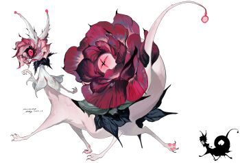Rule 34 | absurdres, colored sclera, colored skin, creature, extra legs, flower, flower head, full body, highres, kamikiririp, monster, monster focus, original, pink sclera, pink skin, pink tail, rose, silhouette, simple background, solo, tail, white background